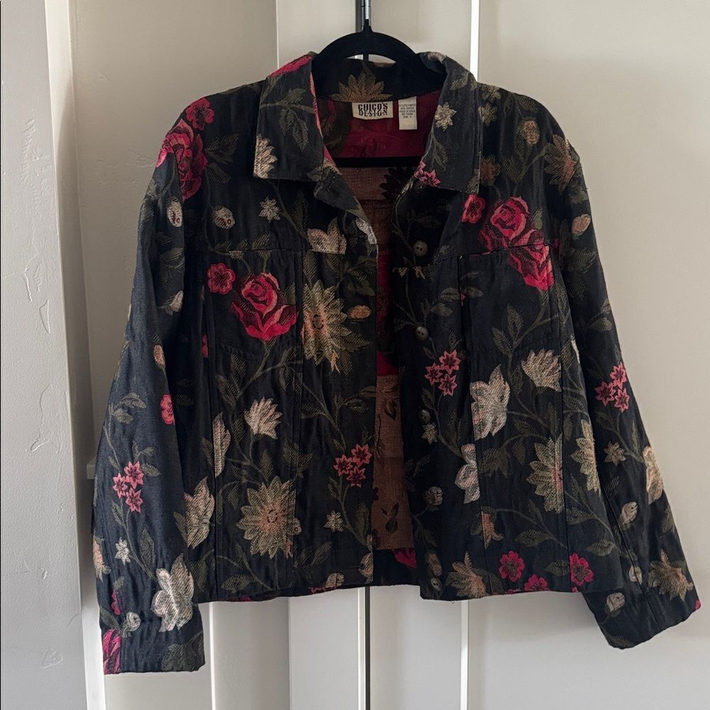 Chicos Vintage Black Floral Tapestry Jacket Coat Button Down Classic Size 2 (L)
